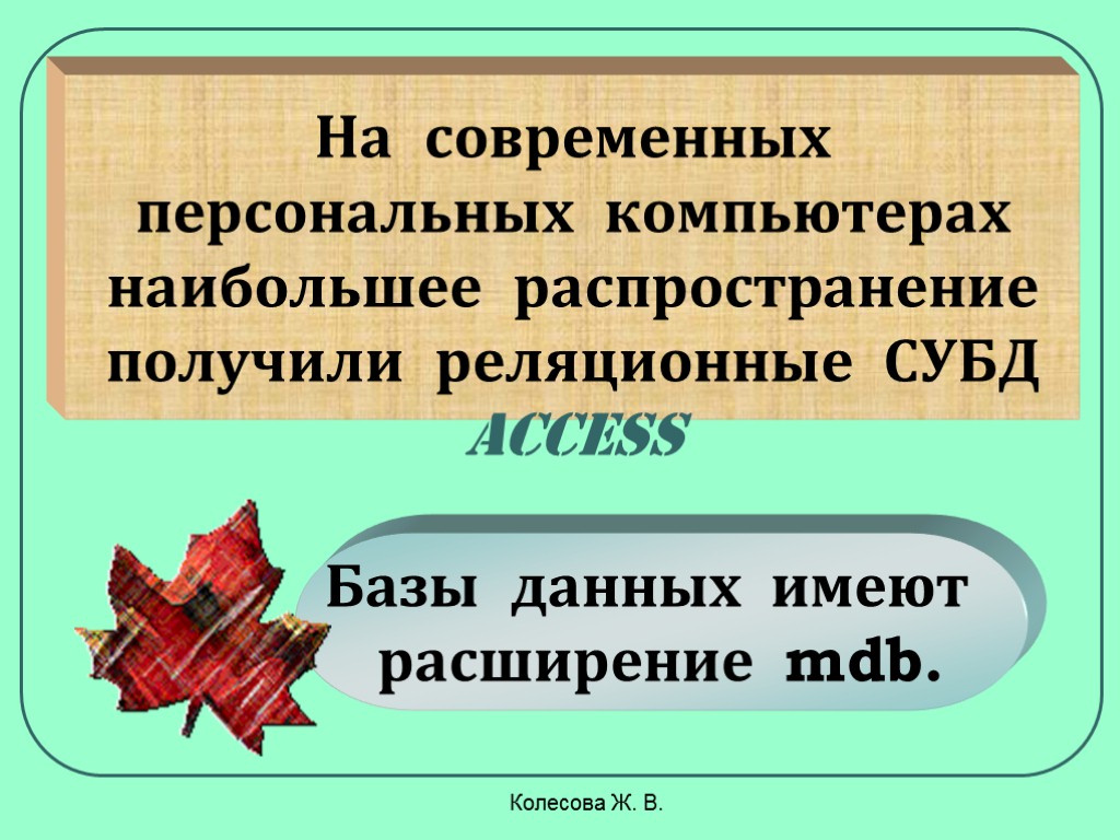 Колесова Ж. В. На современных персональных компьютерах наибольшее распространение получили реляционные СУБД ACCESS Базы